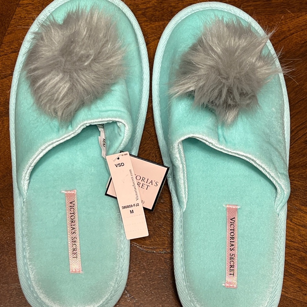 Victoria's Secret Mint Green Slippers with Gray Pom-Poms